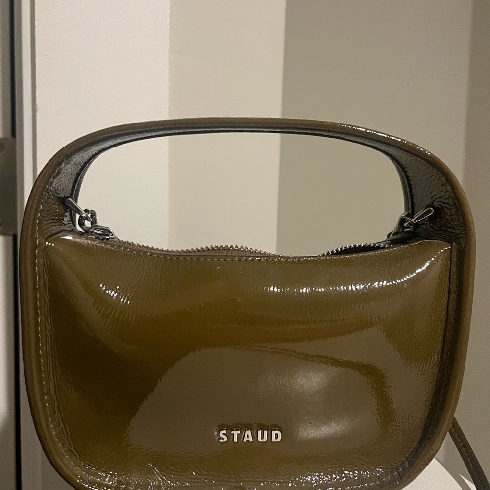 Staud Olive Green Mini Crescent Bag with Glossy Finish